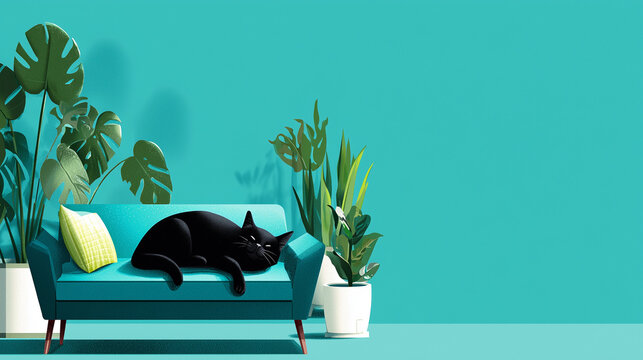 Chip Your Pet Month, Black cat resting on modern sofa in cozy home interior with plants representing responsible pet ownership and microchipping awareness month concept