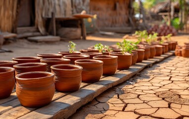 Naklejka premium Handcrafted Pottery Drying on a Rural Yard in a Sunlit Scene