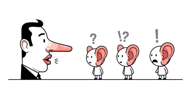 Man with long nose telling a story to confused small characters with big ears concept of deception and misunderstanding