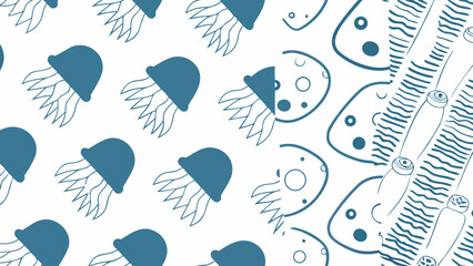 Whimsical blue jellyfish and sea creature pattern on a white background © Indira