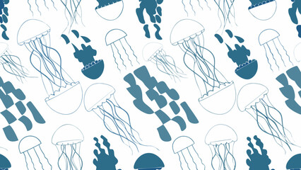 Seamless pattern featuring delicate line drawings of various jellyfish © Indira