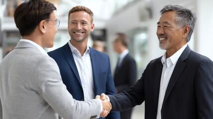 Fototapeta premium 🤝Business Handshake Harmony: Two accomplished business professionals seal a deal with a firm handshake, symbolizing a partnership forged in trust and mutual respect. Their colleagues watch on.