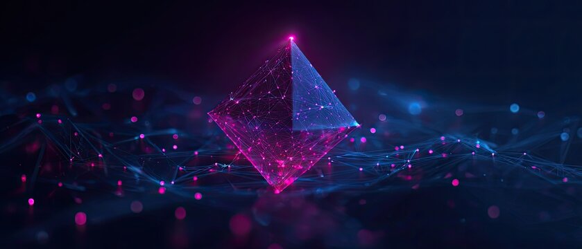 Floating pink-purple network octahedral crystal with transparent core and pink apex light, dark blue grid background symbolizing blockchain data security.