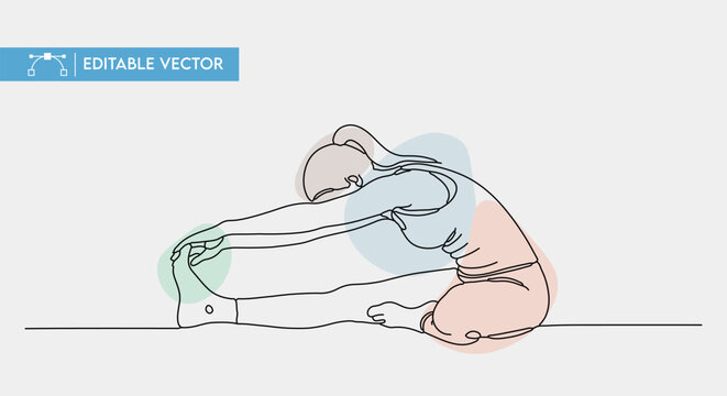 Minimalist line art vector illustration of a fit woman performing a seated forward fold yoga pose.