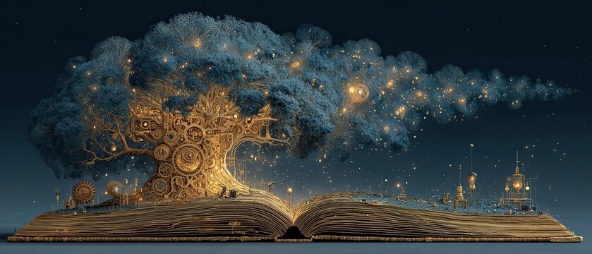 Steampunk open book with giant mechanical tree growing from pages, golden gear trunk and blue glowing foliage, tiny cityscape on book, symbolizing knowledge and imagination.