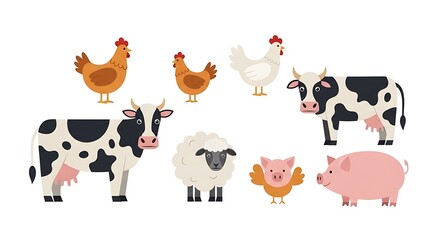 Obraz premium Bright Farm Animals Grazing Group with Cows Chickens Sheep Pig