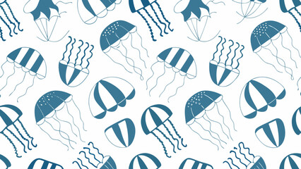 Seamless pattern featuring stylized blue and white striped jellyfish illustrations © Etika