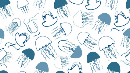 Seamless pattern featuring hand drawn blue jellyfish on a white background © Etika