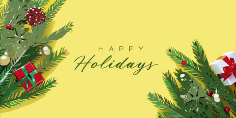 Festive holiday greetings with evergreen branches and gift boxes © Etika