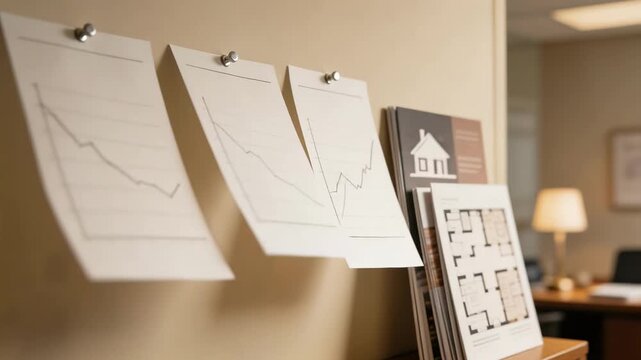 Medium shot showing sharp mortgage rate posters pinned on a wall in a private office with outoffocus housing brochures and floorplans nearby.