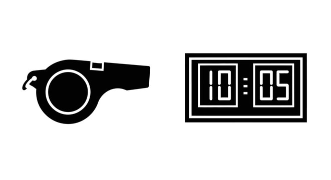 Sports whistle and digital scoreboard showing 10:05, symbolizing game time and competition