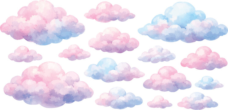 A watercolor collection of soft pastel clouds featuring fluffy sky clouds in pink, blue, and purple tones in a dreamy atmospheric style isolated on white background.