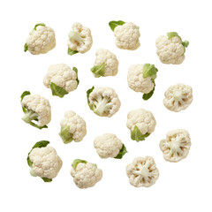 Fototapeta premium Fresh raw cauliflower florets with vibrant green leaves scattered on a transparent surface in a flat lay perspective, healthy eating culinary concept