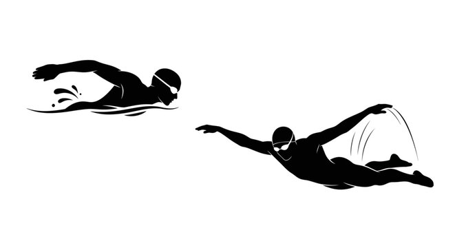 Two swimmers in silhouette performing freestyle stroke in water, dynamic action shot
