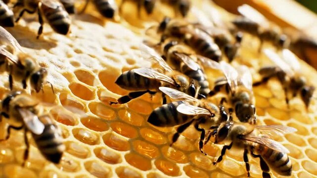 Close-up of honey bees working on a honeycomb in a beehive, collecting nectar and producing honey.