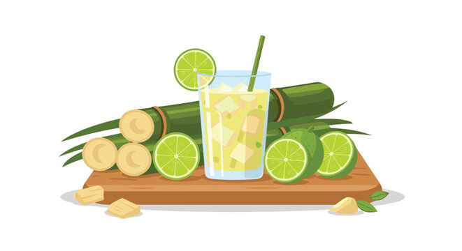 Refreshing glass of sugarcane juice with ice cubes lime slices and sugarcane stalks on a wooden board for a healthy tropical drink.