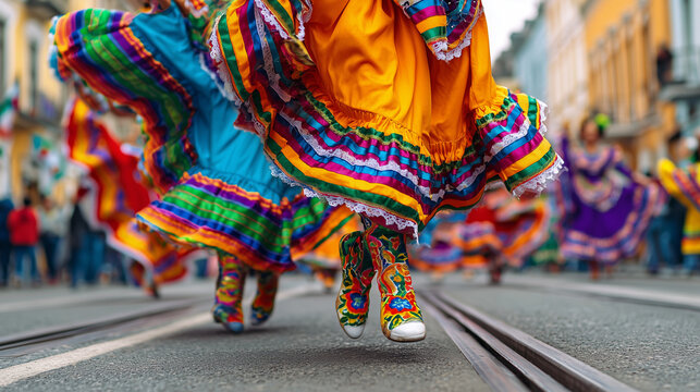 Cinco de Mayo, Traditional Mexican folklorico dancer twirling colorful dress on street during Cinco de Mayo parade celebration in vibrant cultural festival
