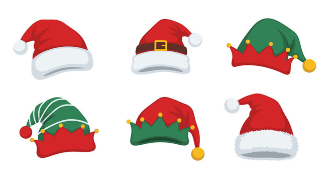 Set of festive Christmas and holiday hats including classic Santa Claus styles and green elf hats with gold bells.