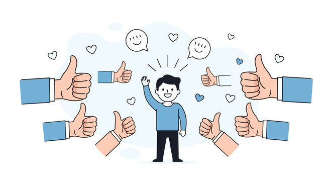 Happy young man receiving positive feedback and many thumbs up from a group of people in a supportive social environment.