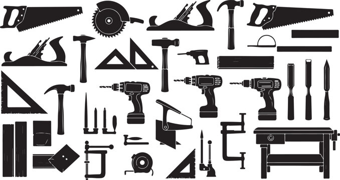 Collection of various black tools and equipment icons set