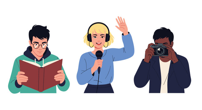 Three people representing different creative hobbies including reading a book, singing with a microphone, and taking photos with a camera.