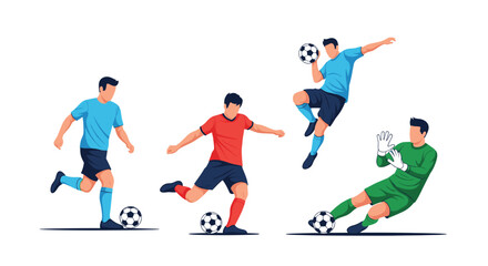 Fototapeta premium Set of soccer players in various action poses like kicking the ball, jumping to head the ball, and a goalkeeper making a diving save.