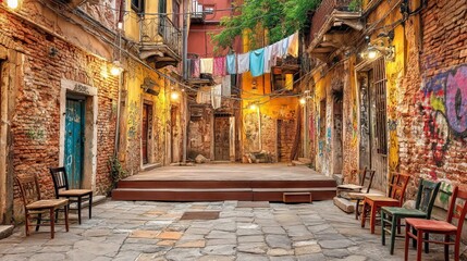 Fototapeta premium Vibrant Narrow Alleyway Performance Setup with Chairs and Colorful Backdrop