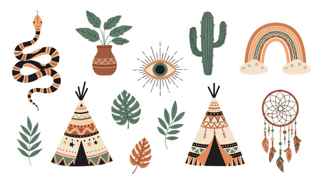 Collection of bohemian and tribal elements including tipis, a snake, a cactus, an evil eye, a dreamcatcher, and tropical leaves in earth tones.