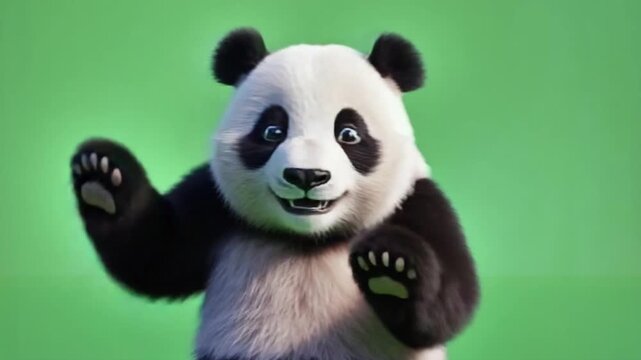 Cute cartoon panda bear with raised paws on green background