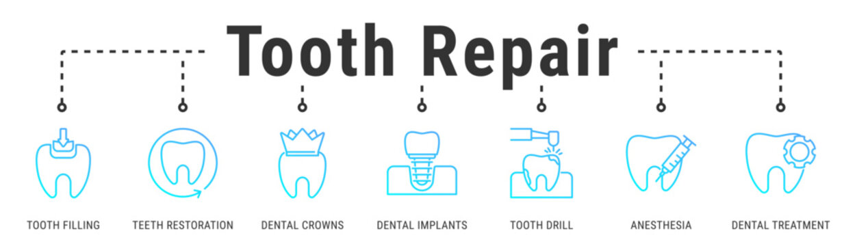 Tooth Repair web banner icon vector illustration featuring Tooth Filling, Teeth Restoration, Dental Crowns, Dental Implants, Tooth Drill, Anesthesia, and Dental Treatment