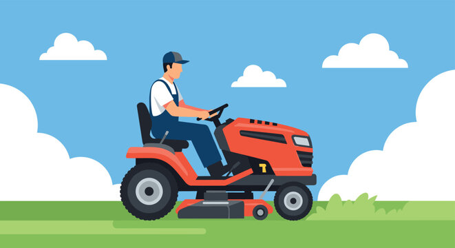 Man operating a red riding lawn mower while cutting grass in a backyard with a bright blue sky and white clouds in the background.
