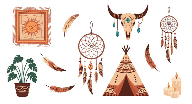 Collection of bohemian style decorative elements including dreamcatchers, a cow skull, feathers, candles, a teepee, and house plants.