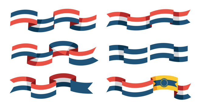 Set of various waving ribbon flags featuring red white and blue horizontal stripes representing the national colors of the netherlands.