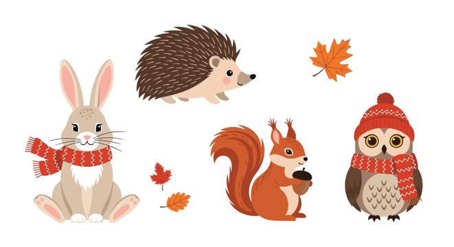 Cute forest animals like a bunny, hedgehog, squirrel, and owl wearing warm winter hats and scarves surrounded by falling autumn leaves.