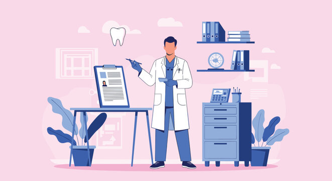 Professional dentist in a lab coat pointing at a dental chart on a clipboard in a medical office with tooth icons and equipment.