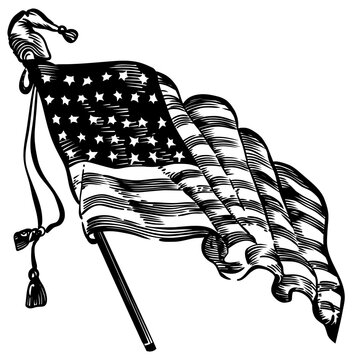 American flag waving on pole with tassels, stars and stripes detailed vintage woodcut engraving style, patriotic USA national symbol lineart illustration isolated on background