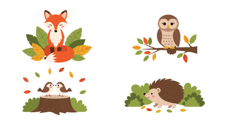 Obraz premium Sweet collection of autumn themed animal illustrations featuring a fox, an owl on a branch, birds on a stump, and a hedgehog.