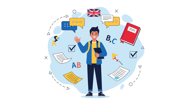 Enthusiastic male student surrounded by language learning icons like the british flag, speech bubbles, books, and grammar test papers.