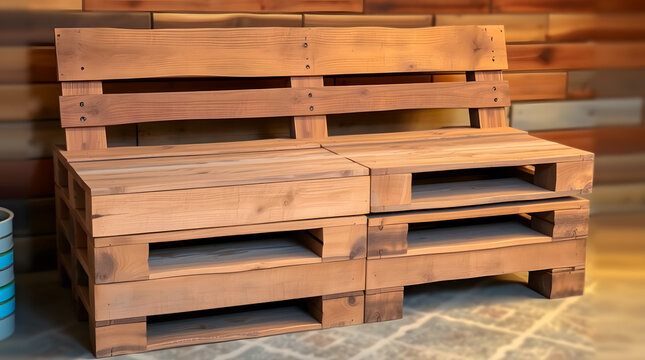 Bench made from stacked pallets