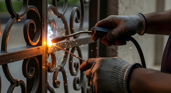 Man repairing iron gate in front of house home maintenance manual work fixing metal structure and residential routine scene.