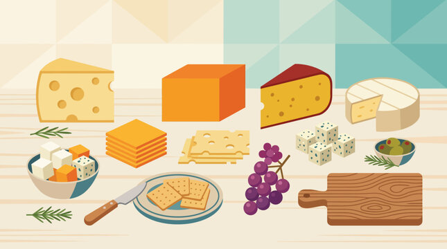 A diverse illustrated collection of various cheese types with grapes and crackers.