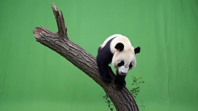 giant panda climbing a tree branch on green background