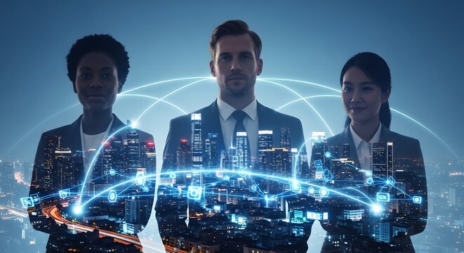 Business Team with Futuristic Network Overlay in Cityscape