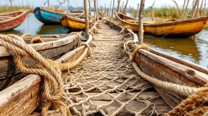 Obraz premium Boats Docked at Village Pier with Ropes Forming Intricate Designs