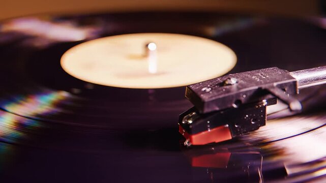 Vinyl record player, rotating black vinyl with rainbow reflections, close-up of stylus and tonearm, dynamic cinematic motion, symbolizing music nostalgia and analog technology