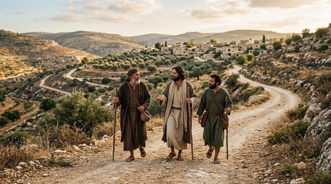 Three figures walking along a dusty road in a historical landscape, evoking a sense of journey and companionship