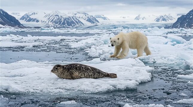 Ringed seal resting on an ice floe while Polar bear stalking behind in the Svalbard area, Arctic Sea, Svalbard, Norway.
