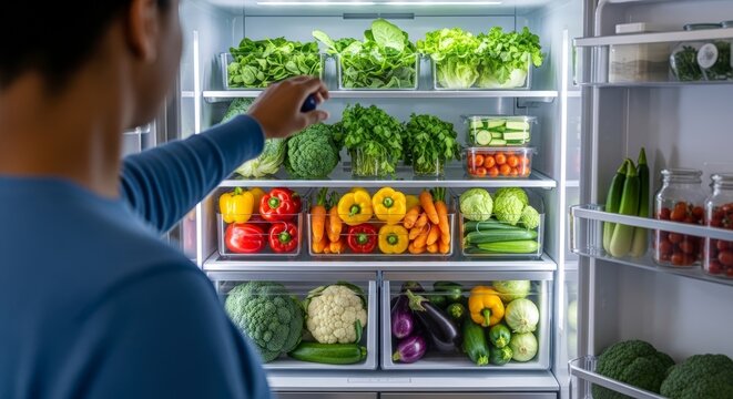 Man choosing fresh vegetables from refrigerator.