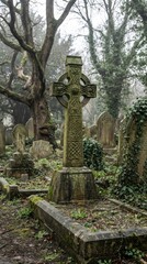 Obraz premium Old Celtic cross on grave in stone cemetery