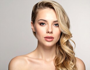 Fototapeta premium A woman with long blonde hair and bare shoulders poses against a gray background